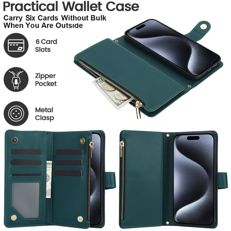 For iPhone 15 Pro YM016 Rhombic Zipper Card Wallet Leather Phone Case with Lanyard(Green) - iPhone 15 Pro Cases by buy2fix | Online Shopping UK | buy2fix