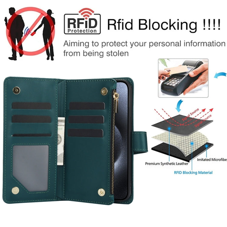 For iPhone 15 Pro YM016 Rhombic Zipper Card Wallet Leather Phone Case with Lanyard(Green) - iPhone 15 Pro Cases by buy2fix | Online Shopping UK | buy2fix