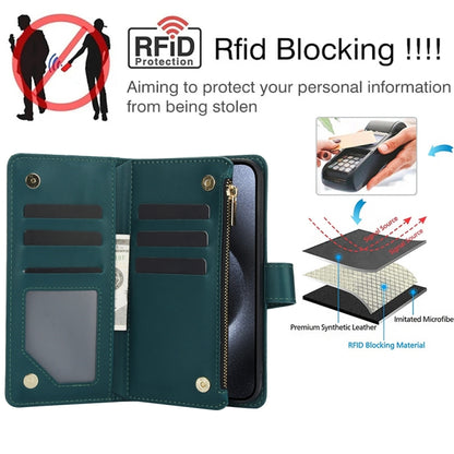 For iPhone 15 Pro YM016 Rhombic Zipper Card Wallet Leather Phone Case with Lanyard(Green) - iPhone 15 Pro Cases by buy2fix | Online Shopping UK | buy2fix