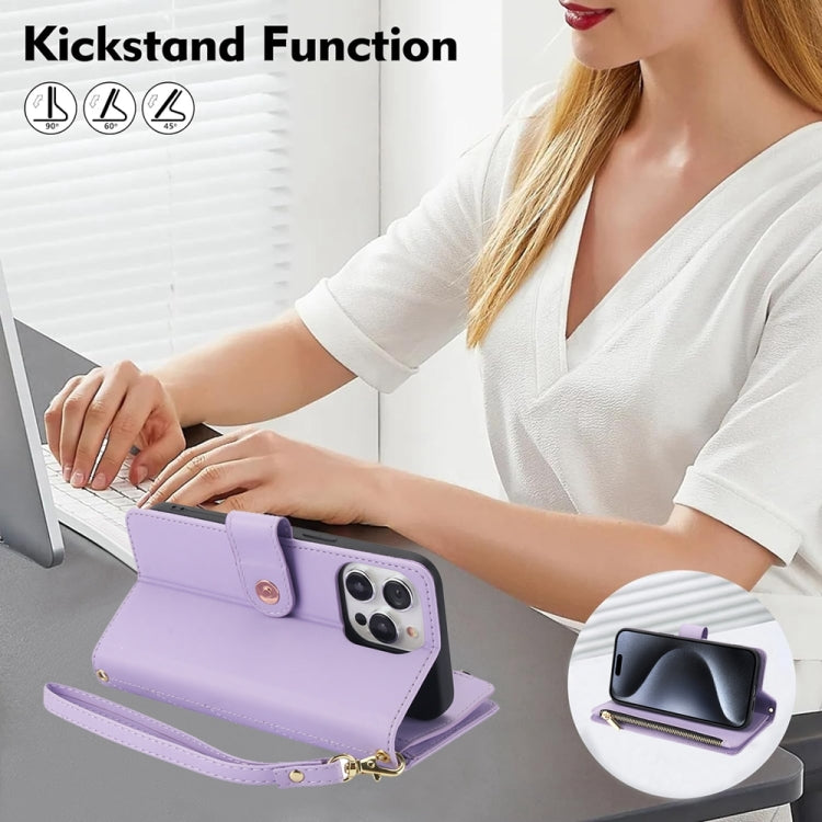 For iPhone 15 Pro YM016 Rhombic Zipper Card Wallet Leather Phone Case with Lanyard(Light Purple) - iPhone 15 Pro Cases by buy2fix | Online Shopping UK | buy2fix