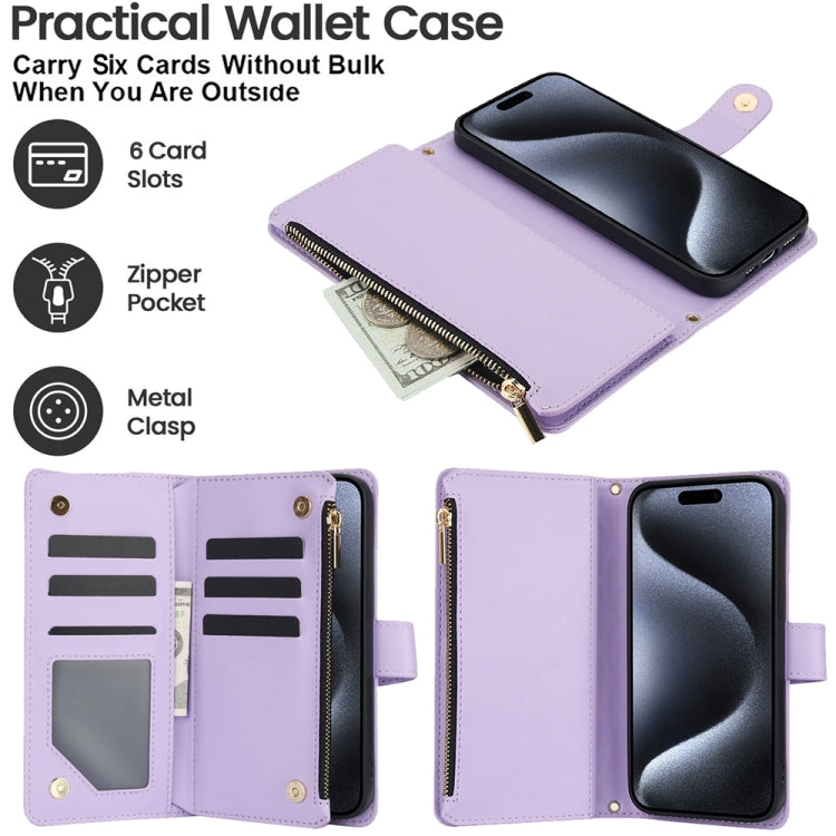 For iPhone 15 Pro YM016 Rhombic Zipper Card Wallet Leather Phone Case with Lanyard(Light Purple) - iPhone 15 Pro Cases by buy2fix | Online Shopping UK | buy2fix