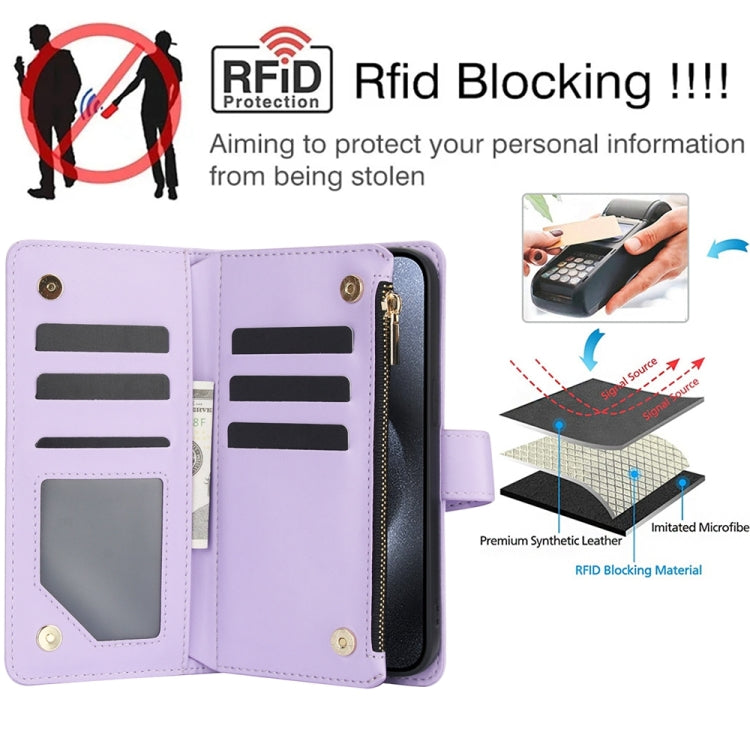 For iPhone 15 Pro YM016 Rhombic Zipper Card Wallet Leather Phone Case with Lanyard(Light Purple) - iPhone 15 Pro Cases by buy2fix | Online Shopping UK | buy2fix