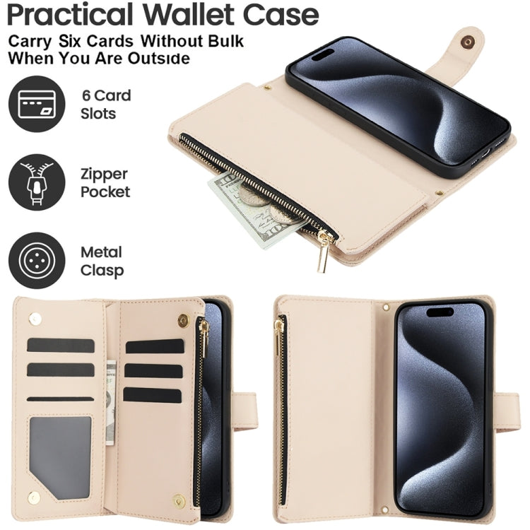 For iPhone 15 Pro YM016 Rhombic Zipper Card Wallet Leather Phone Case with Lanyard(Apricot) - iPhone 15 Pro Cases by buy2fix | Online Shopping UK | buy2fix