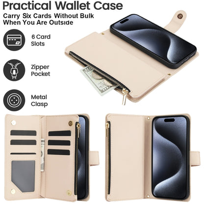 For iPhone 15 Pro YM016 Rhombic Zipper Card Wallet Leather Phone Case with Lanyard(Apricot) - iPhone 15 Pro Cases by buy2fix | Online Shopping UK | buy2fix