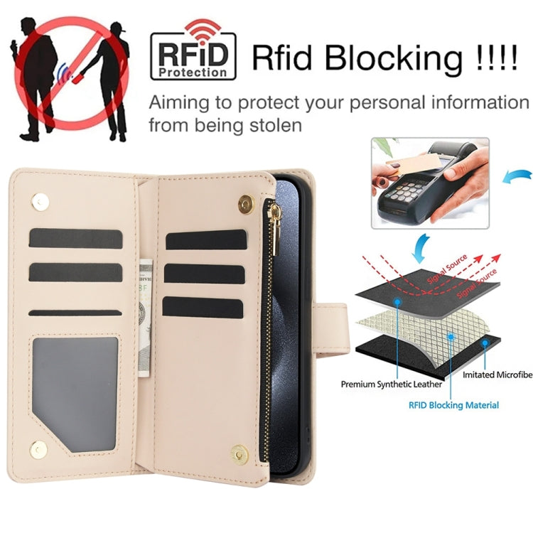 For iPhone 15 Pro YM016 Rhombic Zipper Card Wallet Leather Phone Case with Lanyard(Apricot) - iPhone 15 Pro Cases by buy2fix | Online Shopping UK | buy2fix