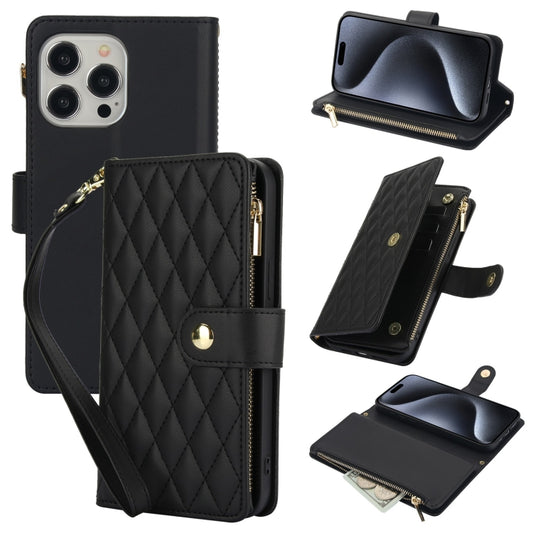 For iPhone 15 Pro YM016 Rhombic Zipper Card Wallet Leather Phone Case with Lanyard(Black) - iPhone 15 Pro Cases by buy2fix | Online Shopping UK | buy2fix