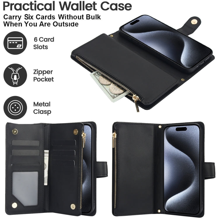 For iPhone 15 Pro YM016 Rhombic Zipper Card Wallet Leather Phone Case with Lanyard(Black) - iPhone 15 Pro Cases by buy2fix | Online Shopping UK | buy2fix