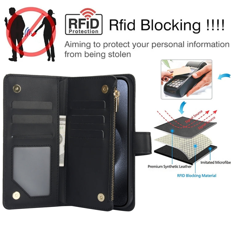 For iPhone 15 Pro YM016 Rhombic Zipper Card Wallet Leather Phone Case with Lanyard(Black) - iPhone 15 Pro Cases by buy2fix | Online Shopping UK | buy2fix