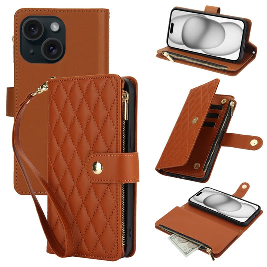 For iPhone 15 YM016 Rhombic Zipper Card Wallet Leather Phone Case with Lanyard(Brown) - iPhone 15 Cases by buy2fix | Online Shopping UK | buy2fix