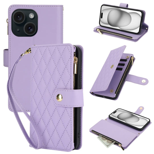 For iPhone 15 YM016 Rhombic Zipper Card Wallet Leather Phone Case with Lanyard(Light Purple)