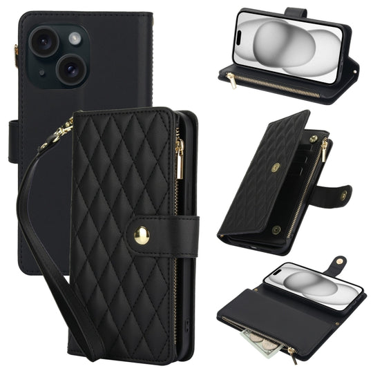 For iPhone 15 YM016 Rhombic Zipper Card Wallet Leather Phone Case with Lanyard(Black)