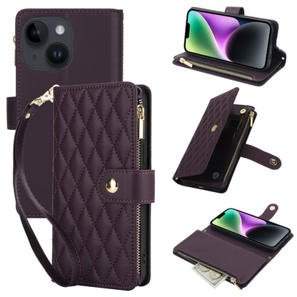 For iPhone 14 YM016 Rhombic Zipper Card Wallet Leather Phone Case with Lanyard(Dark Purple) - iPhone 14 Cases by buy2fix | Online Shopping UK | buy2fix