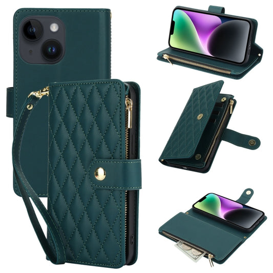 For iPhone 14 YM016 Rhombic Zipper Card Wallet Leather Phone Case with Lanyard(Green) - iPhone 14 Cases by buy2fix | Online Shopping UK | buy2fix