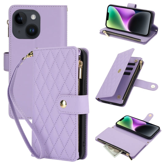 For iPhone 14 YM016 Rhombic Zipper Card Wallet Leather Phone Case with Lanyard(Light Purple) - iPhone 14 Cases by buy2fix | Online Shopping UK | buy2fix