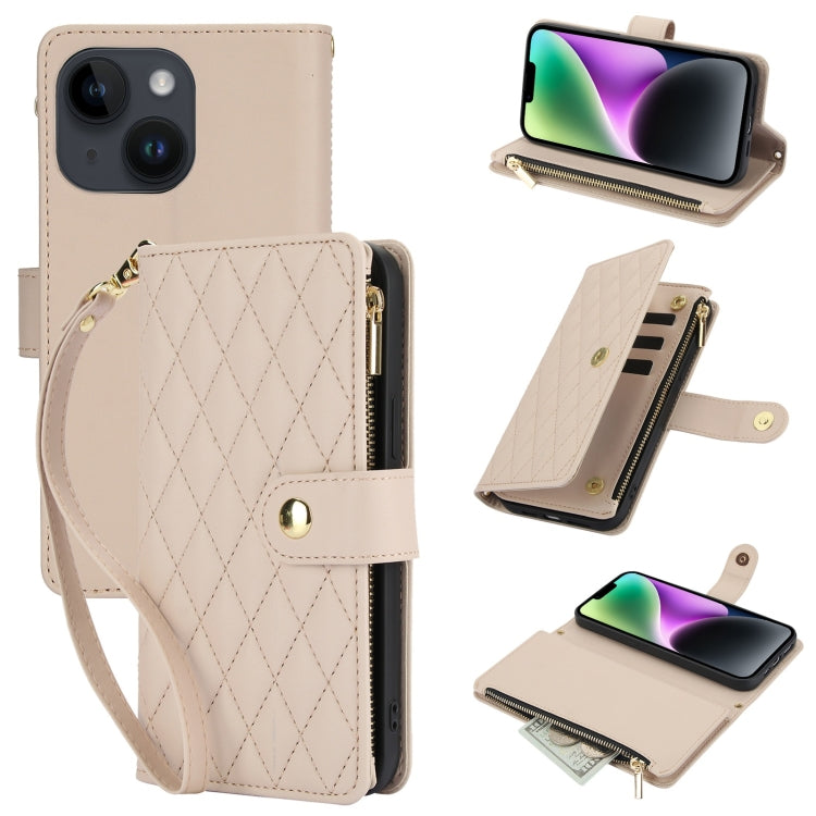 For iPhone 14 YM016 Rhombic Zipper Card Wallet Leather Phone Case with Lanyard(Apricot) - iPhone 14 Cases by buy2fix | Online Shopping UK | buy2fix