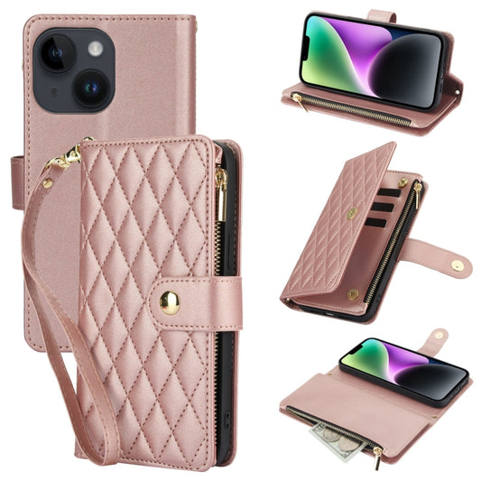 For iPhone 14 YM016 Rhombic Zipper Card Wallet Leather Phone Case with Lanyard(Rose Gold) - iPhone 14 Cases by buy2fix | Online Shopping UK | buy2fix