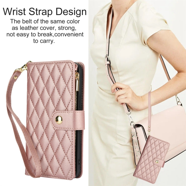 For iPhone 14 YM016 Rhombic Zipper Card Wallet Leather Phone Case with Lanyard(Rose Gold) - iPhone 14 Cases by buy2fix | Online Shopping UK | buy2fix