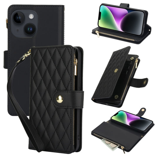 For iPhone 14 YM016 Rhombic Zipper Card Wallet Leather Phone Case with Lanyard(Black) - iPhone 14 Cases by buy2fix | Online Shopping UK | buy2fix