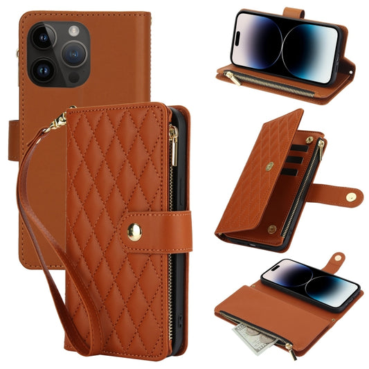 For iPhone 14 Pro Max YM016 Rhombic Zipper Card Wallet Leather Phone Case with Lanyard(Brown) - iPhone 14 Pro Max Cases by buy2fix | Online Shopping UK | buy2fix