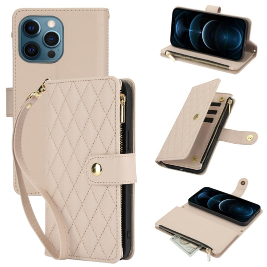 For iPhone 12 Pro Max YM016 Rhombic Zipper Card Wallet Leather Phone Case with Lanyard(Apricot) - iPhone 12 Pro Max Cases by buy2fix | Online Shopping UK | buy2fix