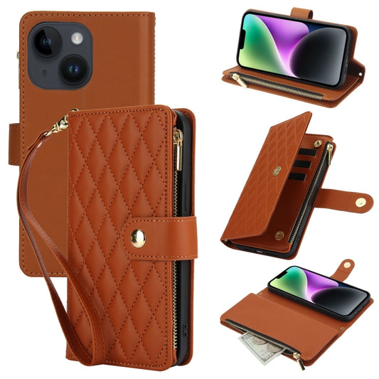 For iPhone 13 YM016 Rhombic Zipper Card Wallet Leather Phone Case with Lanyard(Brown) - iPhone 13 Cases by buy2fix | Online Shopping UK | buy2fix
