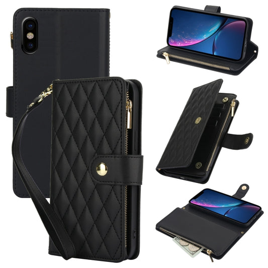 For iPhone X / XS YM016 Rhombic Zipper Card Wallet Leather Phone Case with Lanyard(Black) - More iPhone Cases by buy2fix | Online Shopping UK | buy2fix