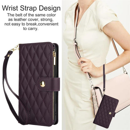 For iPhone 16 Pro YM016 Rhombic Zipper Card Wallet Leather Phone Case with Lanyard(Dark Purple) - iPhone 16 Pro Cases by buy2fix | Online Shopping UK | buy2fix
