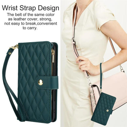 For iPhone 16 Pro YM016 Rhombic Zipper Card Wallet Leather Phone Case with Lanyard(Green) - iPhone 16 Pro Cases by buy2fix | Online Shopping UK | buy2fix