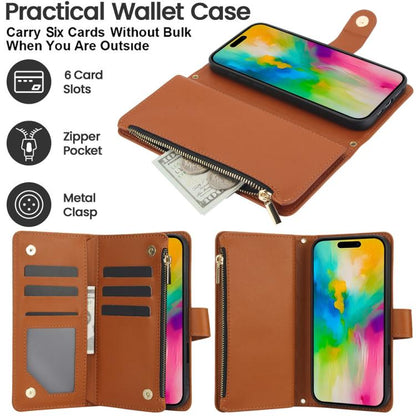 For iPhone 16 Pro YM016 Rhombic Zipper Card Wallet Leather Phone Case with Lanyard(Brown) - iPhone 16 Pro Cases by buy2fix | Online Shopping UK | buy2fix