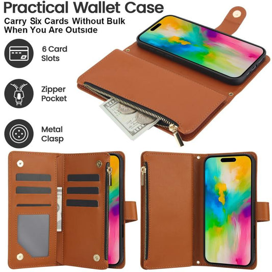For iPhone 16 Pro YM016 Rhombic Zipper Card Wallet Leather Phone Case with Lanyard(Brown) - iPhone 16 Pro Cases by buy2fix | Online Shopping UK | buy2fix