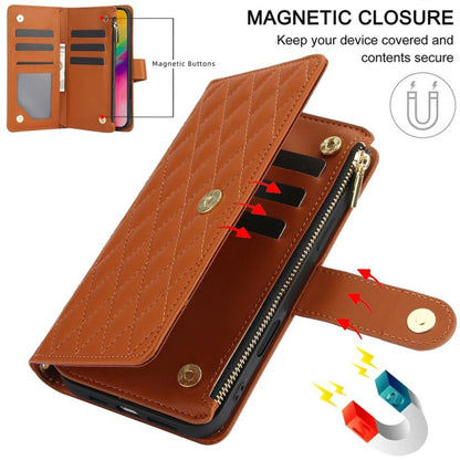 For iPhone 16 Pro YM016 Rhombic Zipper Card Wallet Leather Phone Case with Lanyard(Brown) - iPhone 16 Pro Cases by buy2fix | Online Shopping UK | buy2fix