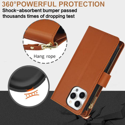 For iPhone 16 Pro YM016 Rhombic Zipper Card Wallet Leather Phone Case with Lanyard(Brown) - iPhone 16 Pro Cases by buy2fix | Online Shopping UK | buy2fix
