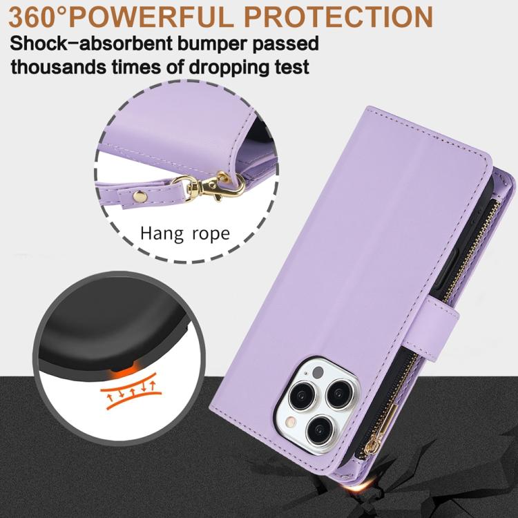 For iPhone 16 Pro YM016 Rhombic Zipper Card Wallet Leather Phone Case with Lanyard(Light Purple) - iPhone 16 Pro Cases by buy2fix | Online Shopping UK | buy2fix