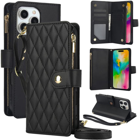 For iPhone 16 Pro YM016 Rhombic Zipper Card Wallet Leather Phone Case with Lanyard(Black) - iPhone 16 Pro Cases by buy2fix | Online Shopping UK | buy2fix
