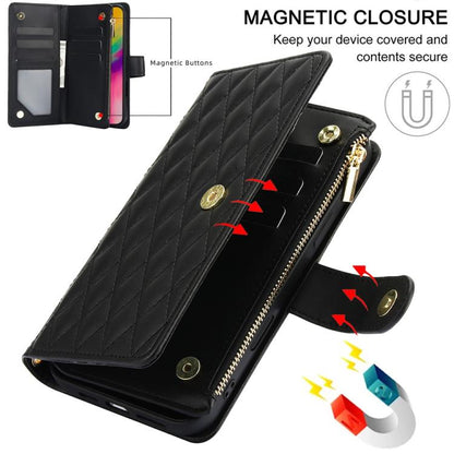 For iPhone 16 Pro YM016 Rhombic Zipper Card Wallet Leather Phone Case with Lanyard(Black) - iPhone 16 Pro Cases by buy2fix | Online Shopping UK | buy2fix