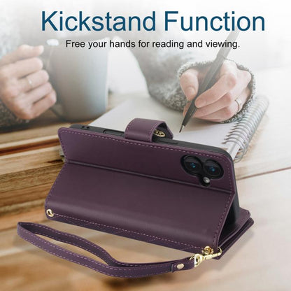 For iPhone 16 Plus YM016 Rhombic Zipper Card Wallet Leather Phone Case with Lanyard(Dark Purple) - iPhone 16 Plus Cases by buy2fix | Online Shopping UK | buy2fix
