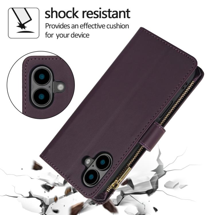For iPhone 16 Plus YM016 Rhombic Zipper Card Wallet Leather Phone Case with Lanyard(Dark Purple) - iPhone 16 Plus Cases by buy2fix | Online Shopping UK | buy2fix