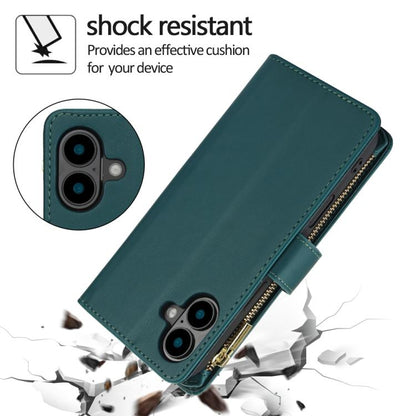 For iPhone 16 Plus YM016 Rhombic Zipper Card Wallet Leather Phone Case with Lanyard(Green) - iPhone 16 Plus Cases by buy2fix | Online Shopping UK | buy2fix