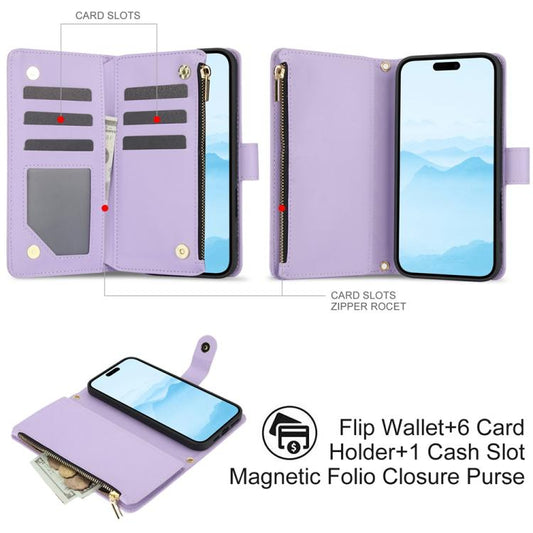 For iPhone 16 Plus YM016 Rhombic Zipper Card Wallet Leather Phone Case with Lanyard(Light Purple) - iPhone 16 Plus Cases by buy2fix | Online Shopping UK | buy2fix