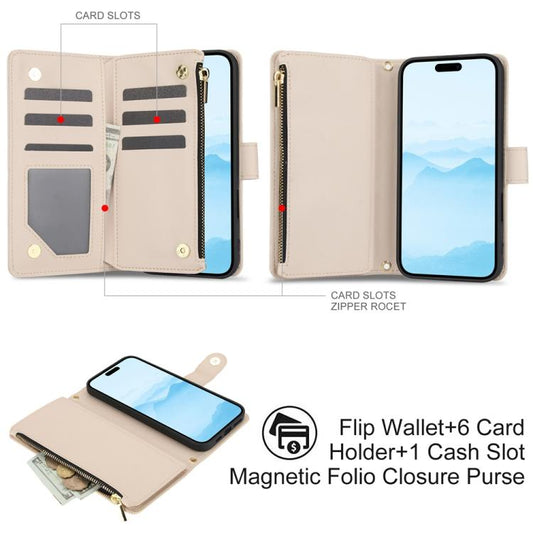 For iPhone 16 Plus YM016 Rhombic Zipper Card Wallet Leather Phone Case with Lanyard(Apricot) - iPhone 16 Plus Cases by buy2fix | Online Shopping UK | buy2fix