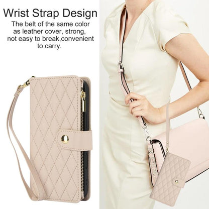 For iPhone 16 Plus YM016 Rhombic Zipper Card Wallet Leather Phone Case with Lanyard(Apricot) - iPhone 16 Plus Cases by buy2fix | Online Shopping UK | buy2fix