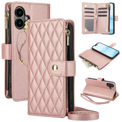 For iPhone 16 Plus YM016 Rhombic Zipper Card Wallet Leather Phone Case with Lanyard(Rose Gold) - iPhone 16 Plus Cases by buy2fix | Online Shopping UK | buy2fix