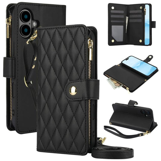 For iPhone 16 Plus YM016 Rhombic Zipper Card Wallet Leather Phone Case with Lanyard(Black) - iPhone 16 Plus Cases by buy2fix | Online Shopping UK | buy2fix