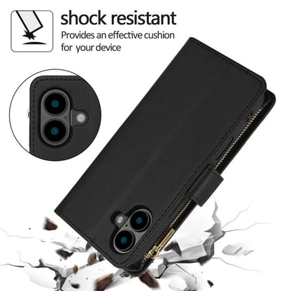 For iPhone 16 Plus YM016 Rhombic Zipper Card Wallet Leather Phone Case with Lanyard(Black) - iPhone 16 Plus Cases by buy2fix | Online Shopping UK | buy2fix