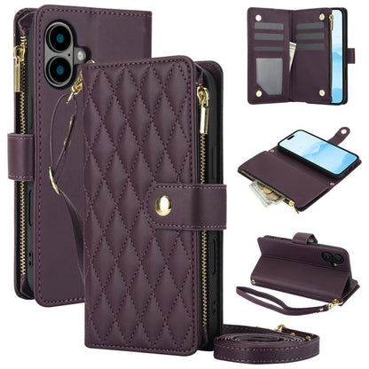For iPhone 16 YM016 Rhombic Zipper Card Wallet Leather Phone Case with Lanyard(Dark Purple) - iPhone 16 Cases by buy2fix | Online Shopping UK | buy2fix
