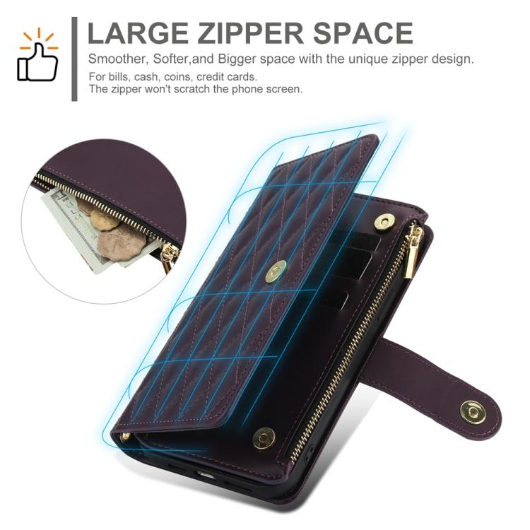 For iPhone 16 YM016 Rhombic Zipper Card Wallet Leather Phone Case with Lanyard(Dark Purple) - iPhone 16 Cases by buy2fix | Online Shopping UK | buy2fix