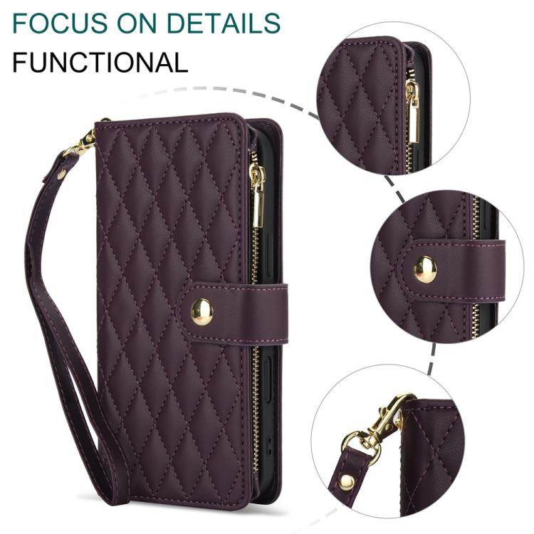 For iPhone 16 YM016 Rhombic Zipper Card Wallet Leather Phone Case with Lanyard(Dark Purple) - iPhone 16 Cases by buy2fix | Online Shopping UK | buy2fix
