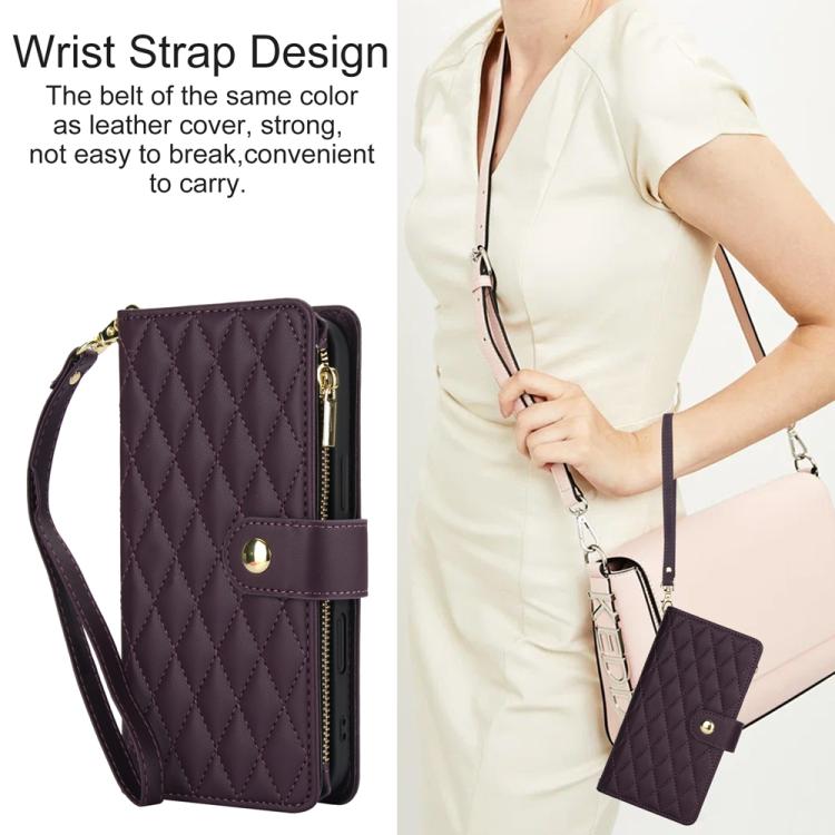 For iPhone 16 YM016 Rhombic Zipper Card Wallet Leather Phone Case with Lanyard(Dark Purple) - iPhone 16 Cases by buy2fix | Online Shopping UK | buy2fix