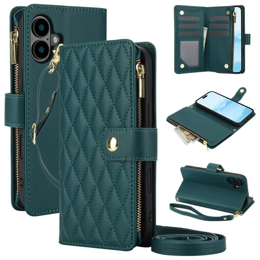 For iPhone 16 YM016 Rhombic Zipper Card Wallet Leather Phone Case with Lanyard(Green) - iPhone 16 Cases by buy2fix | Online Shopping UK | buy2fix