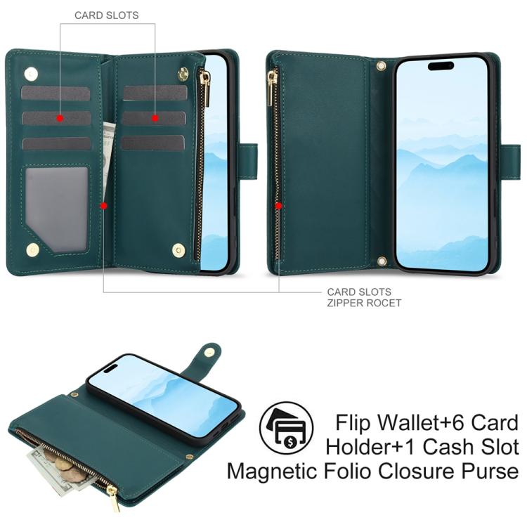 For iPhone 16 YM016 Rhombic Zipper Card Wallet Leather Phone Case with Lanyard(Green) - iPhone 16 Cases by buy2fix | Online Shopping UK | buy2fix